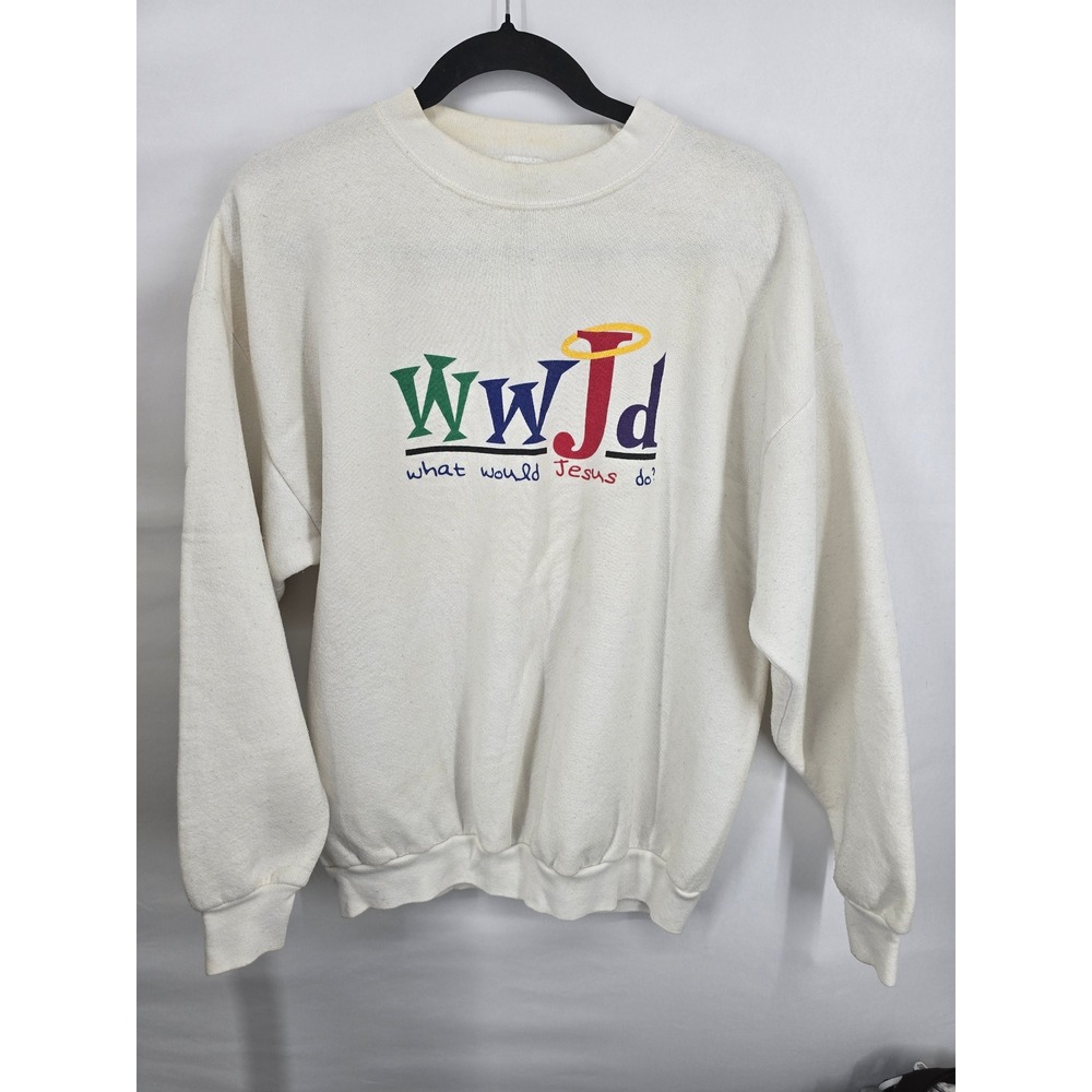 Vintage Tultex WWJD Sweatshirt Mens Large White What Would Jesus Do 90s USA Made